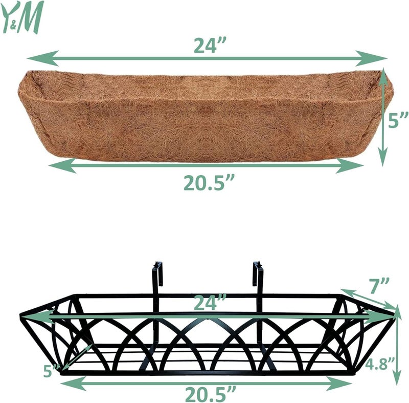 YM 24 Inch Fence Metal Hanging Flower Planter Window Basket Deck Railing Planter Boxes for Outdoor Garden Lawn， Window Deck with Coco Liner,6pcs - Image 3